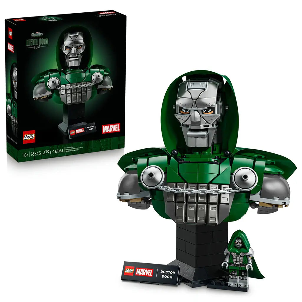 LEGO Marvel Doctor Doom Bust set shows the dark green and silver brick-built display model with Doctor Doom minifigure beside its black retail box on a white background.