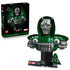 LEGO Marvel Doctor Doom Bust set shows the dark green and silver brick-built display model with Doctor Doom minifigure beside its black retail box on a white background.