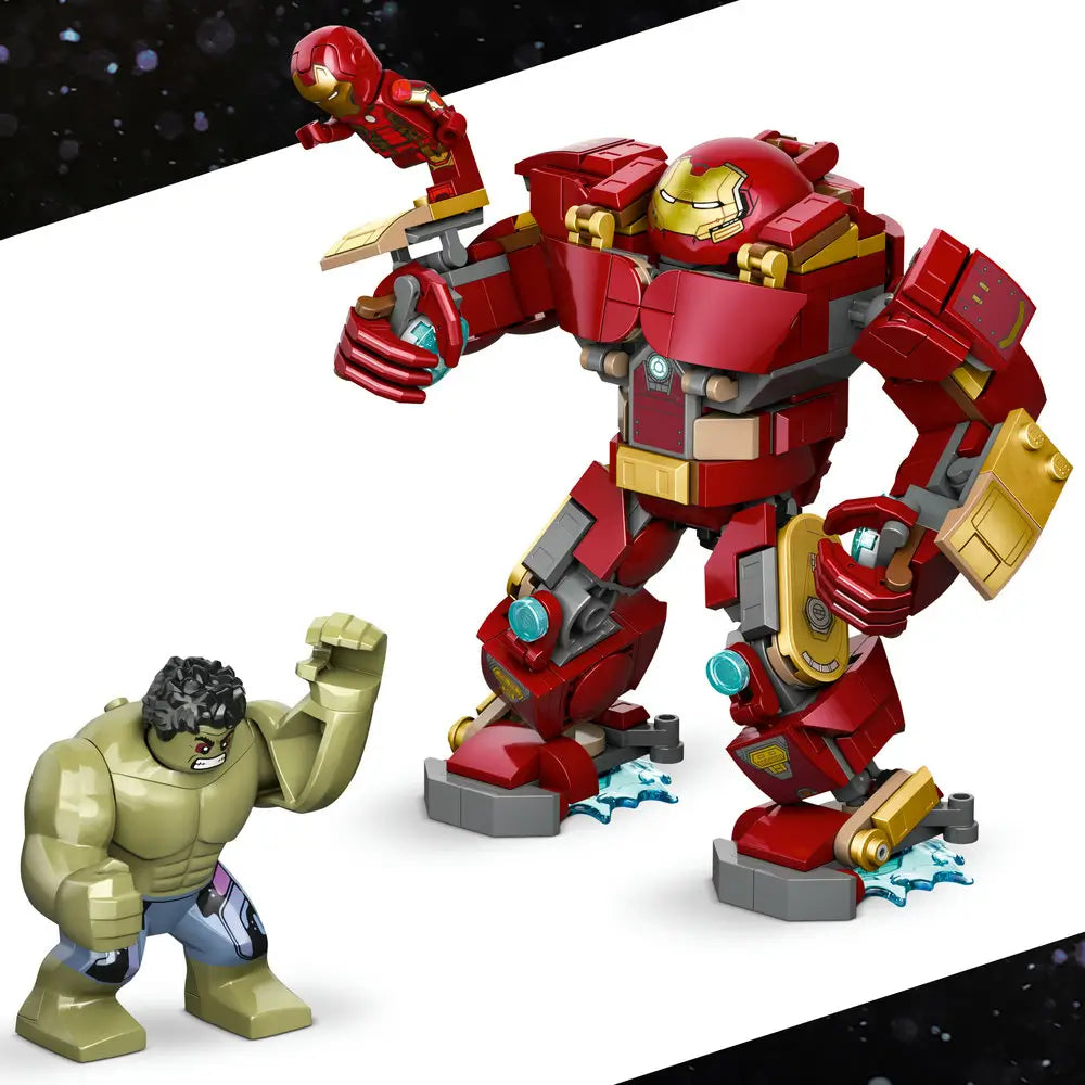 LEGO Marvel Hulkbuster and Hulk figures are shown in scale comparison, featuring red and gold armored Hulkbuster with articulated limbs facing a green muscular Hulk minifigure against a clean studio background.