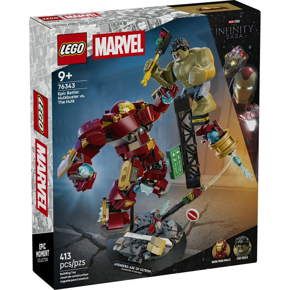 LEGO Marvel Hulkbuster vs Hulk box front displays a colorful cardboard package showing the red and gold Hulkbuster clashing with the green Hulk, Marvel branding, age range, and Epic Battle Collection details.