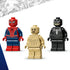 LEGO Marvel Spider-Man, Sandman, and Venom minifigures shown individually in red, tan, and black plastic with detailed torso prints and expressive faces, photographed against a clean white studio background.