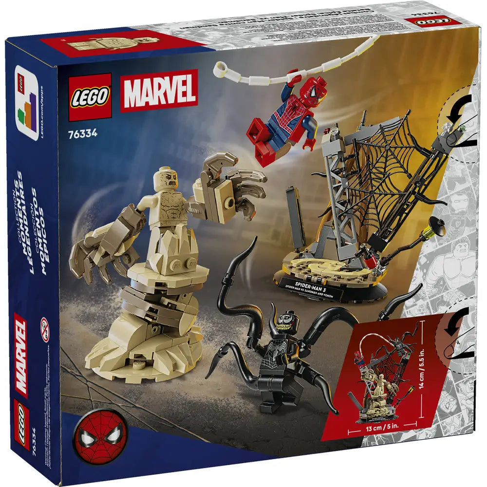 LEGO Marvel Spider-Man 3 Epic Battle box back showing alternate angles, play features, height dimensions, and character poses illustrated across glossy retail packaging artwork.