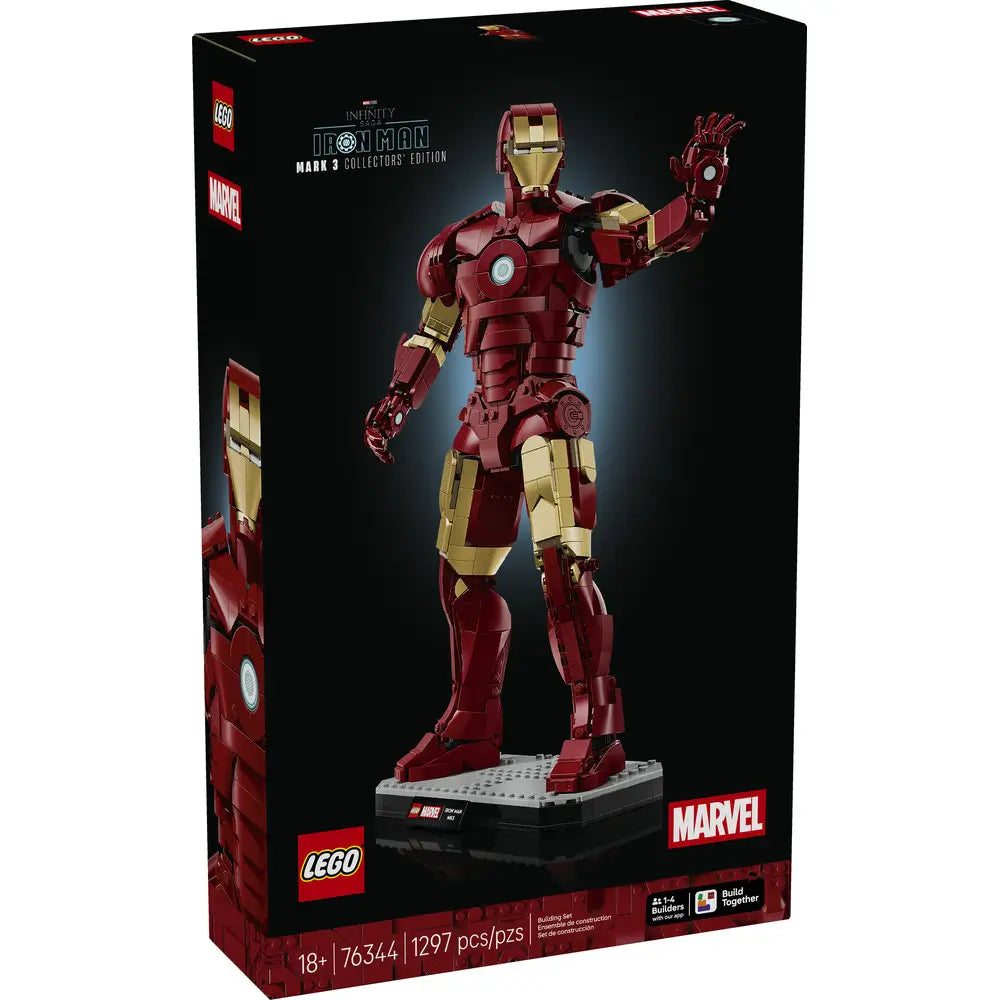 LEGO Marvel Iron Man Mark 3 Collector’s Edition box front features a black cardboard package with red and gold artwork, showing the full armored figure on a display stand, Marvel branding, age details, and premium collector presentation.