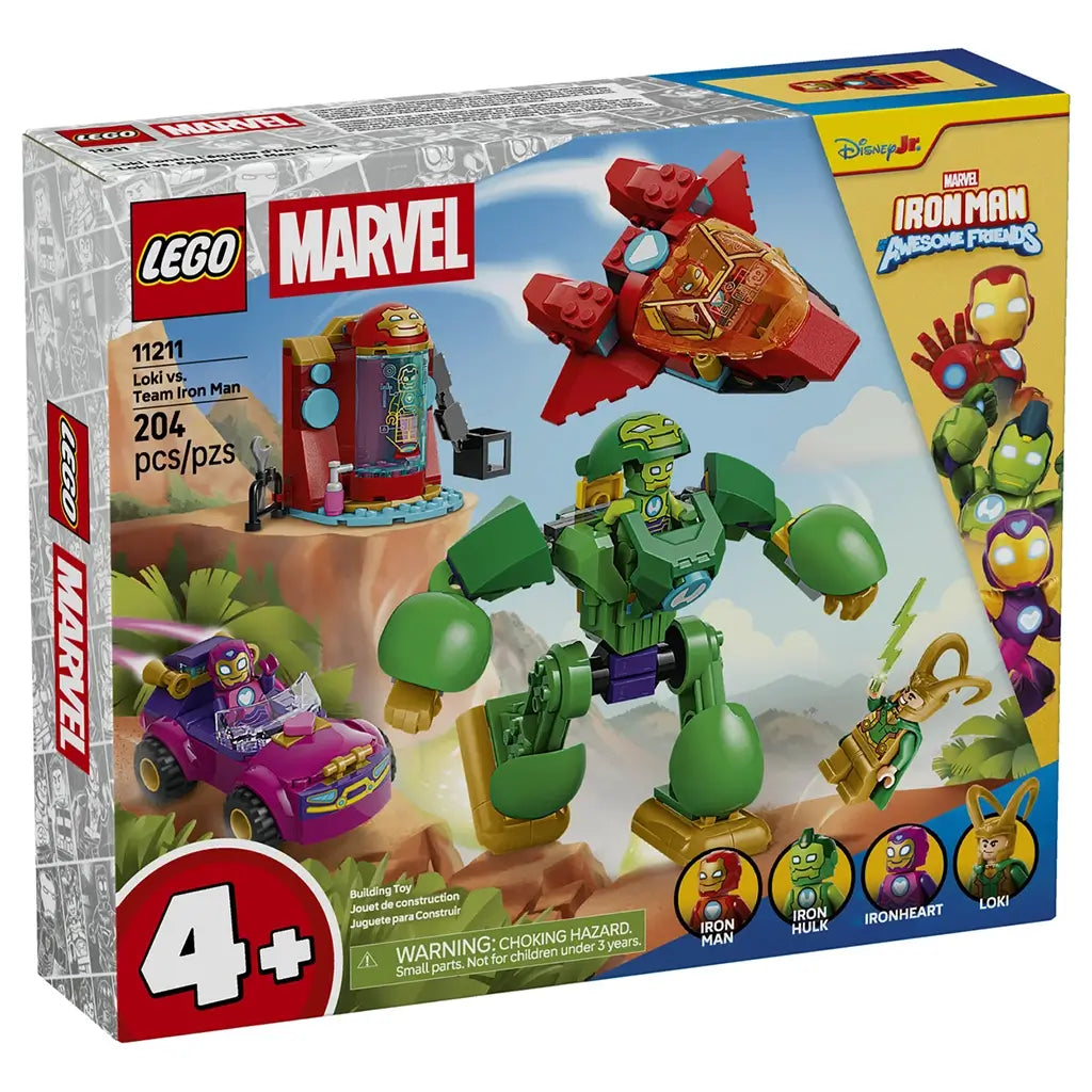 LEGO Marvel Loki vs. Team Iron Man 11211 box shows the 204-piece set with green Iron Hulk mech, red jet, purple car, lab station, Loki, and age 4+ marking.