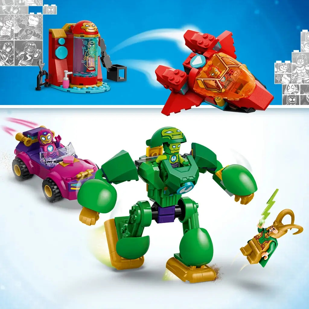 LEGO Marvel Loki vs. Team Iron Man playset in red, green, purple, and gold plastic shows a lab station and jet above Iron Hulk, a speedy car, and Loki below.