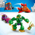 LEGO Marvel Loki vs. Team Iron Man playset in red, green, purple, and gold plastic shows a lab station and jet above Iron Hulk, a speedy car, and Loki below.