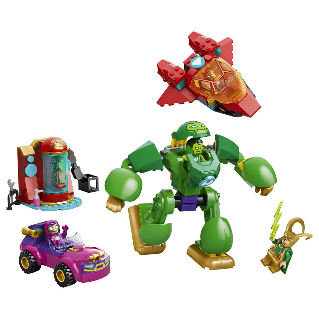 LEGO Marvel Loki vs. Team Iron Man set in red, green, purple, and gold plastic includes an Iron Hulk mech, jet, car, lab station, and Loki with lightning staff.