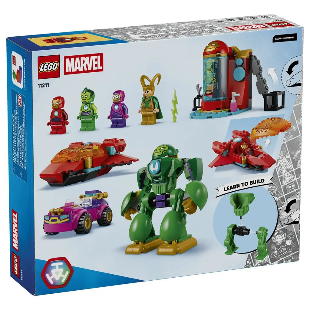 LEGO Marvel Loki vs. Team Iron Man 11211 package back shows colorful figures, lab station, red jet, purple car, green Iron Hulk mech, and illustrated build steps.