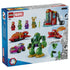 LEGO Marvel Loki vs. Team Iron Man 11211 package back shows colorful figures, lab station, red jet, purple car, green Iron Hulk mech, and illustrated build steps.
