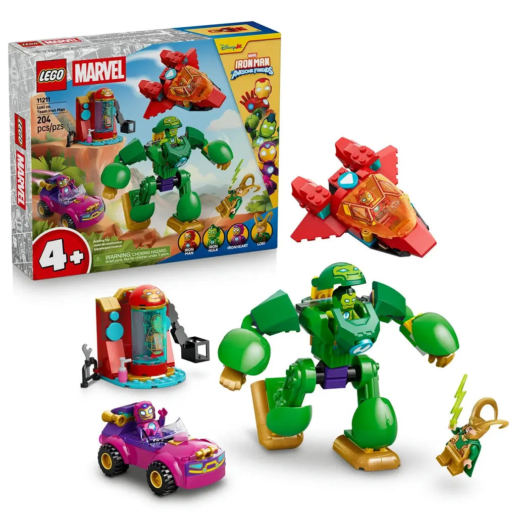 LEGO Marvel Loki vs. Team Iron Man 11211 in colorful plastic is shown with its box, featuring an Iron Hulk mech, red jet, purple car, lab station, and Loki figure.