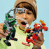 LEGO Marvel Mech Battle lifestyle builder scene shows a child holding the green Doctor Octopus mech and red Spider-Man mech, capturing expressive play, articulated joints, and action-focused posing.