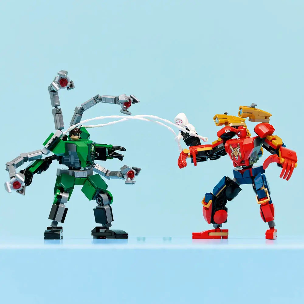 LEGO Marvel Mech Battle Spider-Man vs Doc Ock display shows both completed mechs standing opposite each other, with Doc Ock’s gray tentacle arms extended toward Spider-Man in a dynamic action pose.