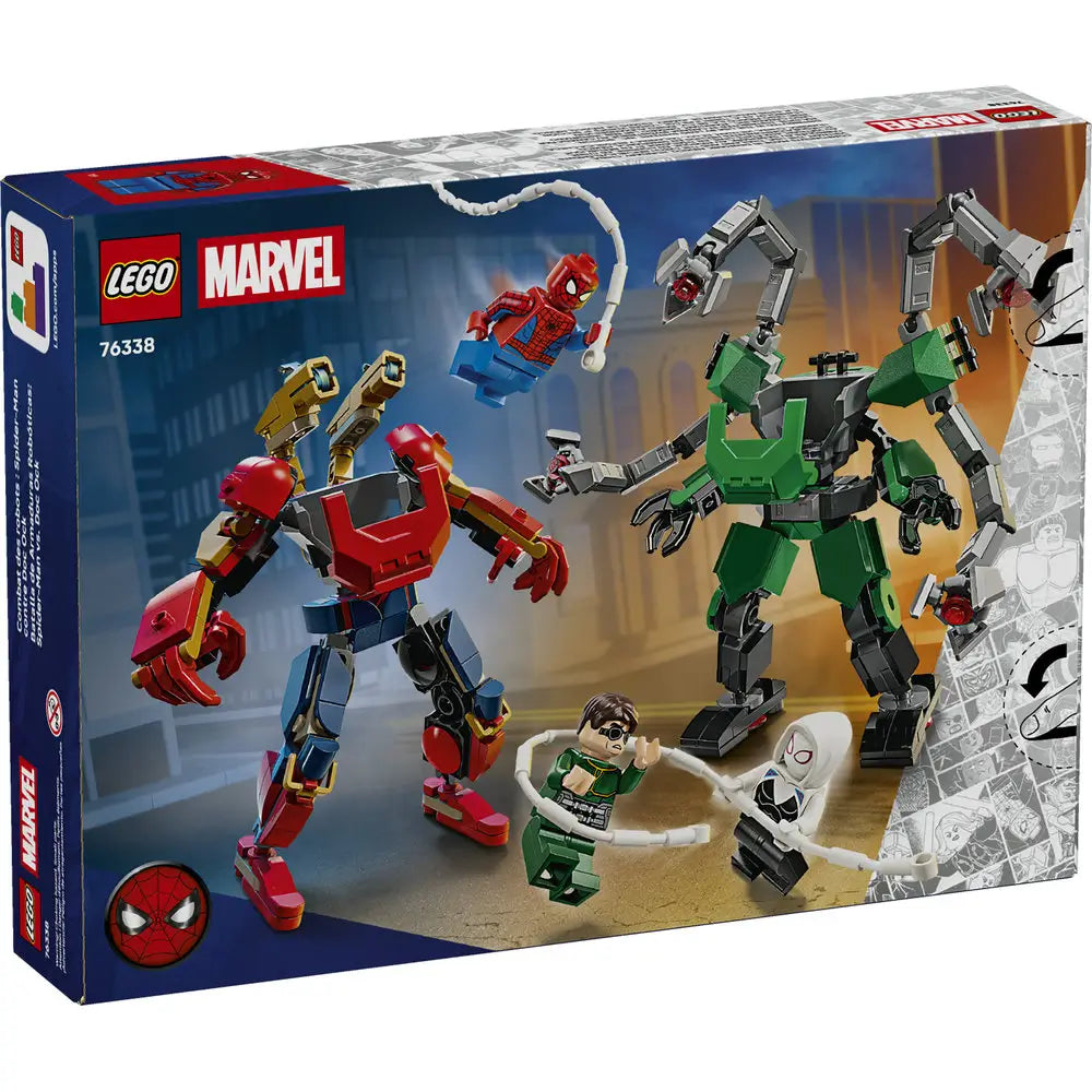 LEGO Marvel Mech Battle Spider-Man vs Doctor Octopus package back highlights play features, poseable mech arms, minifigures, and alternate battle configurations shown across multiple action scenes.