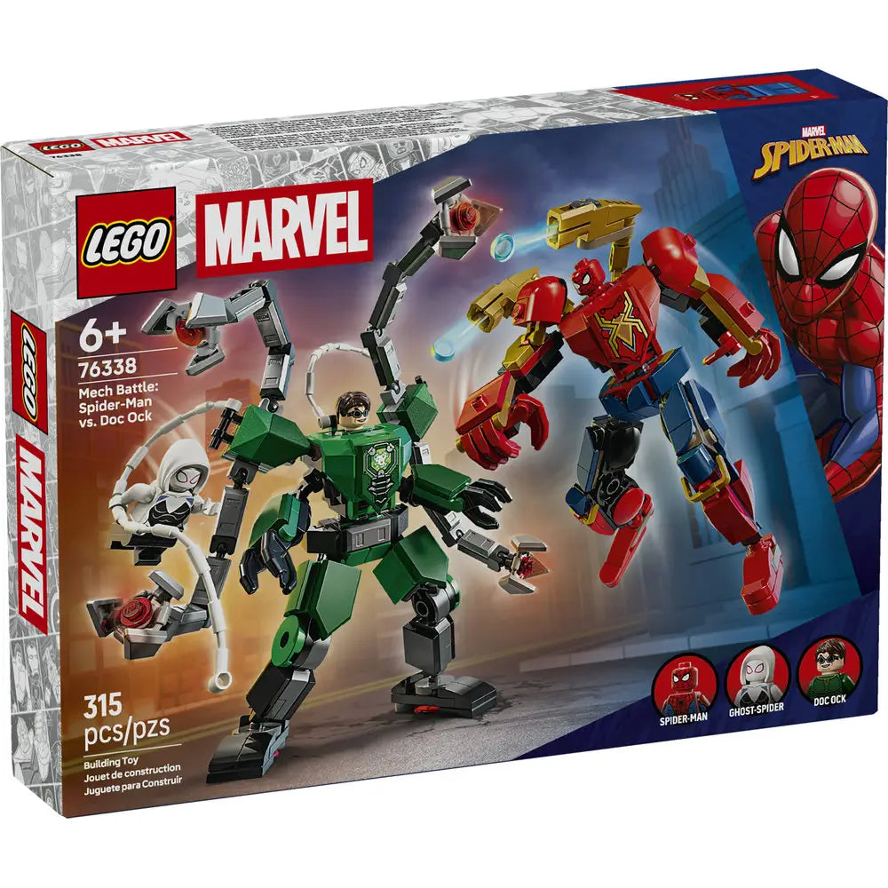 LEGO Marvel Mech Battle Spider-Man vs Doc Ock box front features colorful packaging showing the red Spider-Man mech battling the green Doctor Octopus mech, with Marvel branding, age rating, and piece count.