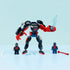 LEGO Marvel Spider-Man mech display setup with black, red, and blue articulated robot standing upright, flanked by two minifigures and web elements, photographed on a minimal light blue studio surface.