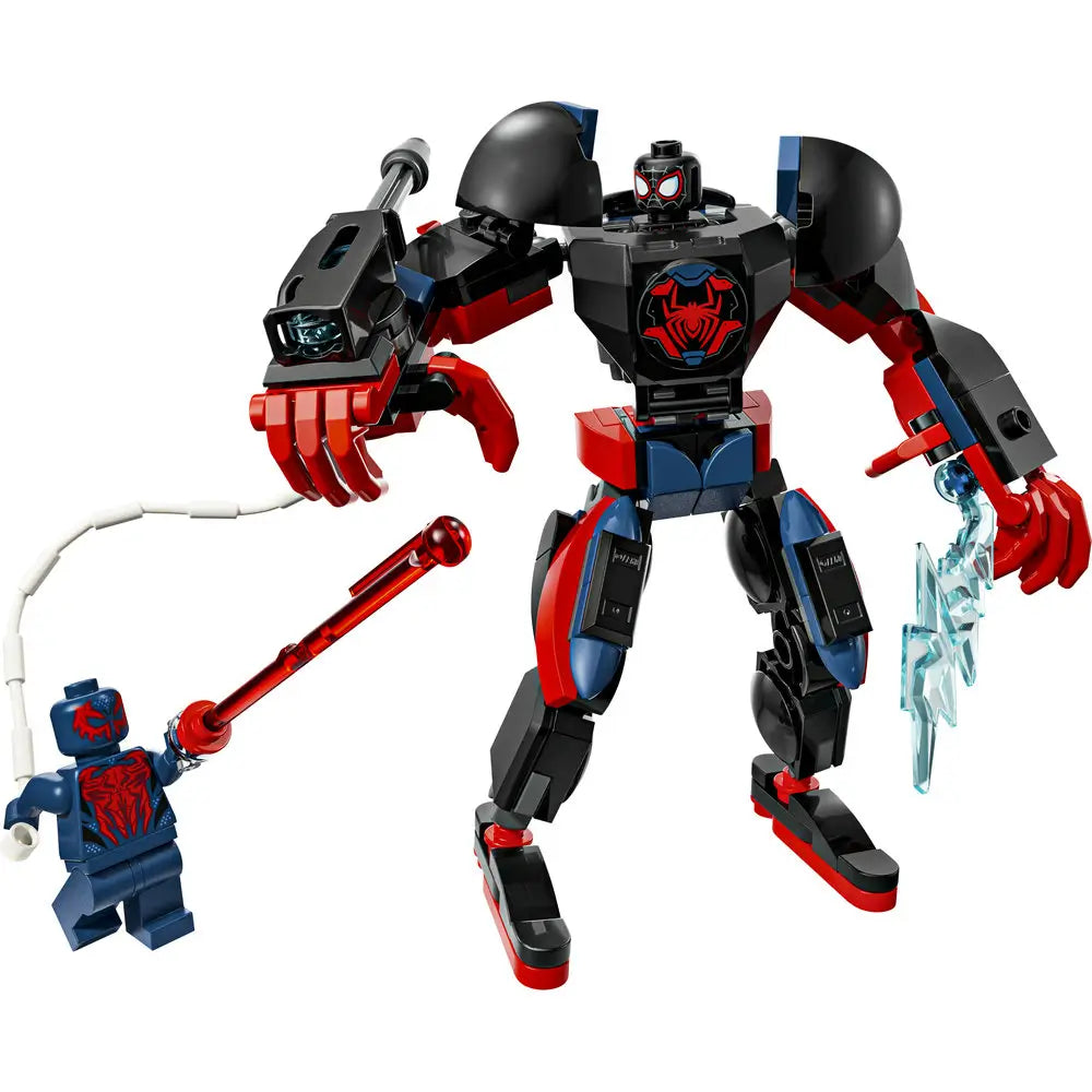 LEGO Marvel Spider-Man mech toy in black, red, and dark blue plastic with angular armored limbs, large clawed hands, chest spider emblem, and translucent web effects, posed on a clean white studio background.