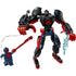 LEGO Marvel Spider-Man mech toy in black, red, and dark blue plastic with angular armored limbs, large clawed hands, chest spider emblem, and translucent web effects, posed on a clean white studio background.