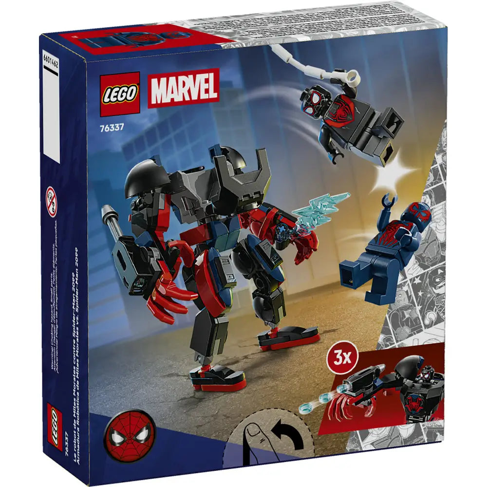 LEGO Marvel Miles Morales Mech vs Spider-Man 2099 box back showing play features, articulated limbs, web-shooting action, and multiple pose examples on glossy retail packaging background.