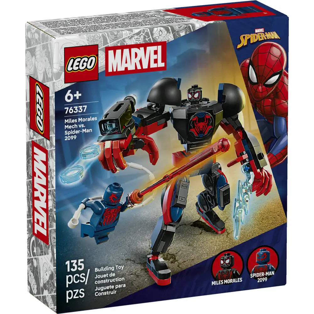LEGO Marvel Miles Morales Mech vs Spider-Man 2099 box front in glossy cardboard, showing the black and red mech battle scene, age 6+ label, piece count, and Marvel branding on retail packaging.