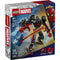 LEGO Marvel Miles Morales Mech vs Spider-Man 2099 box front in glossy cardboard, showing the black and red mech battle scene, age 6+ label, piece count, and Marvel branding on retail packaging.