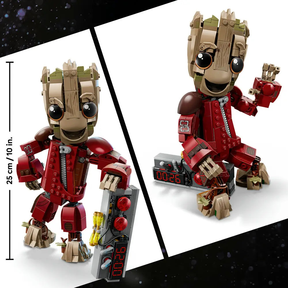 LEGO Marvel Ravager Jumpsuit Groot size comparison shows tan and light brown wood-textured bricks forming a smiling Groot character in a dark red Ravager jumpsuit, displayed beside a height marker indicating approximately 25 centimeters or 10 inches tall on a clean studio background.