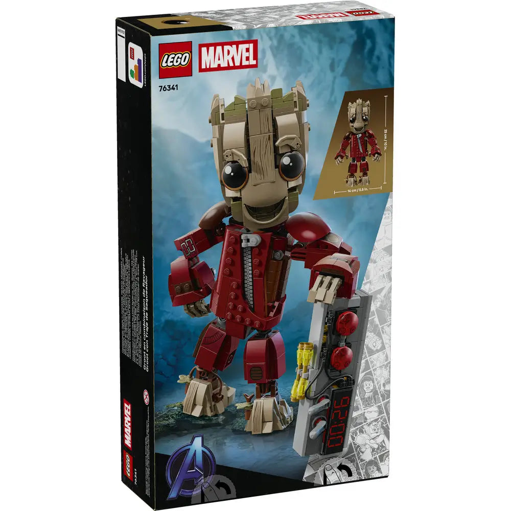 LEGO Marvel Ravager Jumpsuit Groot package back highlights poseability, build features, size scale, and character details, with images showing articulation points and alternate display positions.