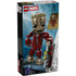 LEGO Marvel Ravager Jumpsuit Groot package back highlights poseability, build features, size scale, and character details, with images showing articulation points and alternate display positions.