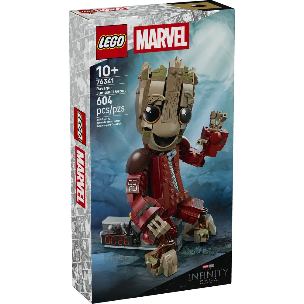 LEGO Marvel Ravager Jumpsuit Groot box front shows a tall tan Groot character in a red jumpsuit, branded packaging with Marvel and LEGO logos, age range, piece count, and Infinity Saga theme artwork.