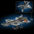 LEGO Marvel Helicarrier, gray plastic aircraft-carrier model with circular rotor platforms, runway details and a small Quinjet aircraft feature, displayed against a dark gradient background.
