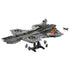 LEGO Marvel S.H.I.E.L.D. Helicarrier building set, gray plastic aircraft-carrier model with detailed flight deck, rotor platforms, minifigures and display stand on a light gray background.