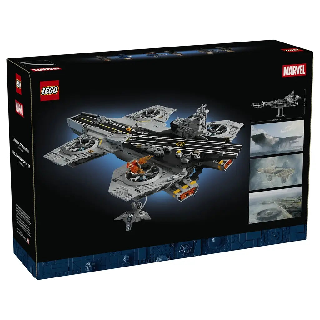 LEGO Marvel S.H.I.E.L.D. Helicarrier box, black printed cardboard packaging with aircraft-carrier graphics, feature images and product details, shown from the back on a light gray background.