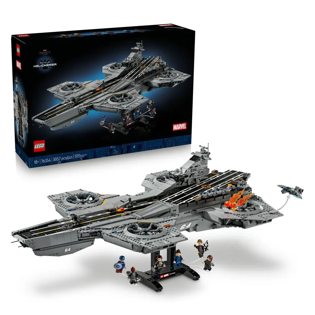 LEGO Marvel S.H.I.E.L.D. Helicarrier building set, gray plastic aircraft-carrier model with detailed flight deck, rotors and minifigures, displayed beside branded packaging on a light gray background.