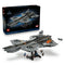 LEGO Marvel S.H.I.E.L.D. Helicarrier building set, gray plastic aircraft-carrier model with detailed flight deck, rotors and minifigures, displayed beside branded packaging on a light gray background.