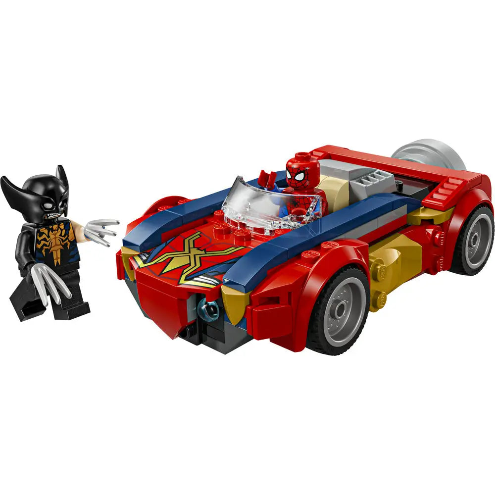 LEGO Marvel Spider-Man car toy in red, dark blue, and gold plastic with smooth curved body panels, rolling wheels, cockpit windshield, and web-shooter front, displayed on a clean white studio background.