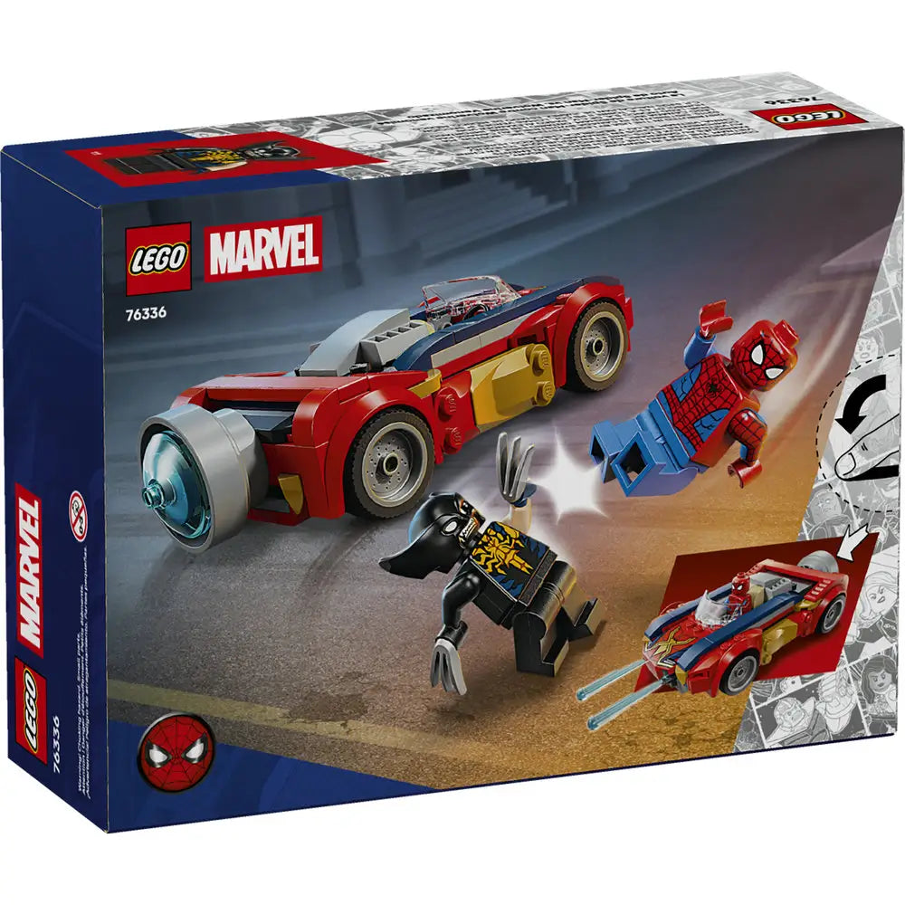 LEGO Marvel Spider-Man Car vs Venomized Wolverine box back showing play features, web-shooting action, minifigure poses, and vehicle details illustrated across glossy retail packaging artwork.