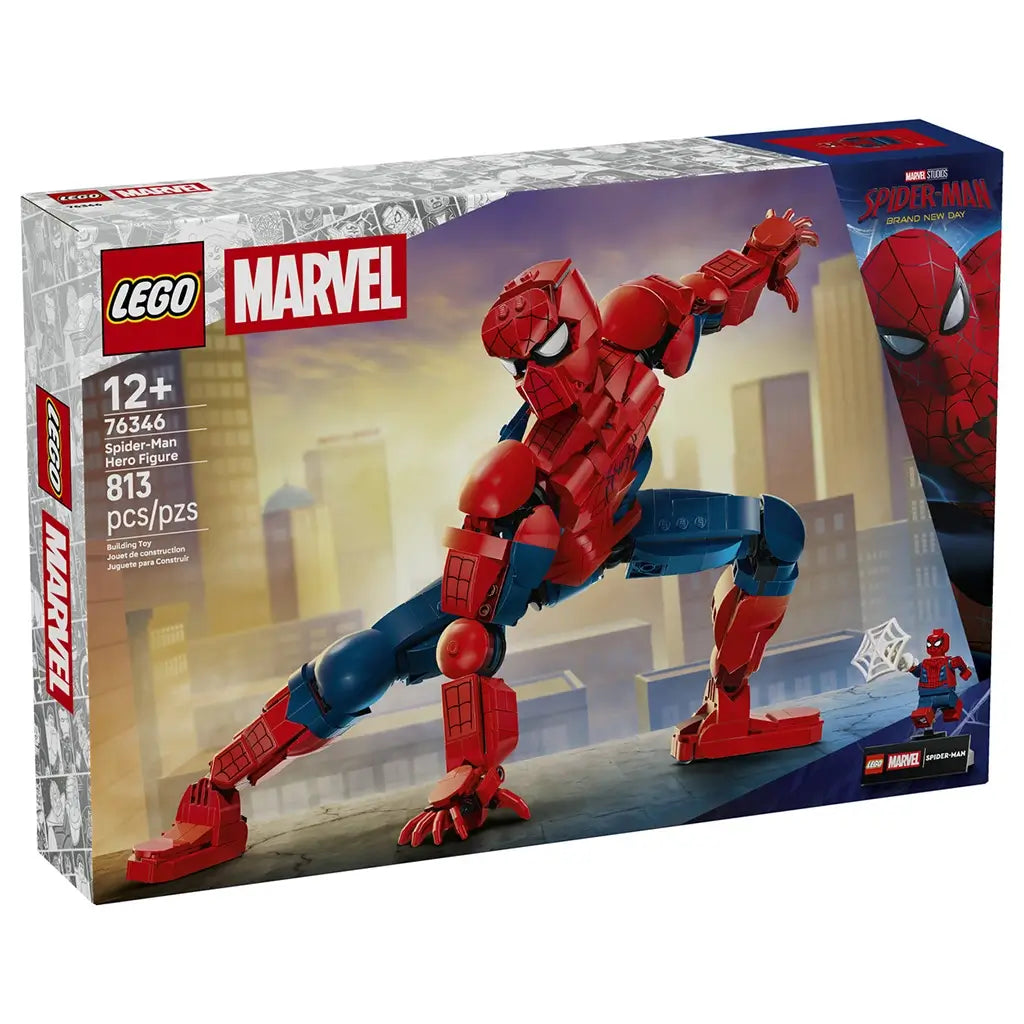 LEGO Marvel Spider-Man hero figure, red and blue glossy plastic articulated superhero model with athletic humanoid form, web-shooting pose and city skyline artwork on retail packaging.