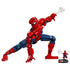 LEGO Marvel Spider-Man collectible figure, red and blue plastic articulated superhero model with muscular humanoid shape, web accessory and display stand on a light background.