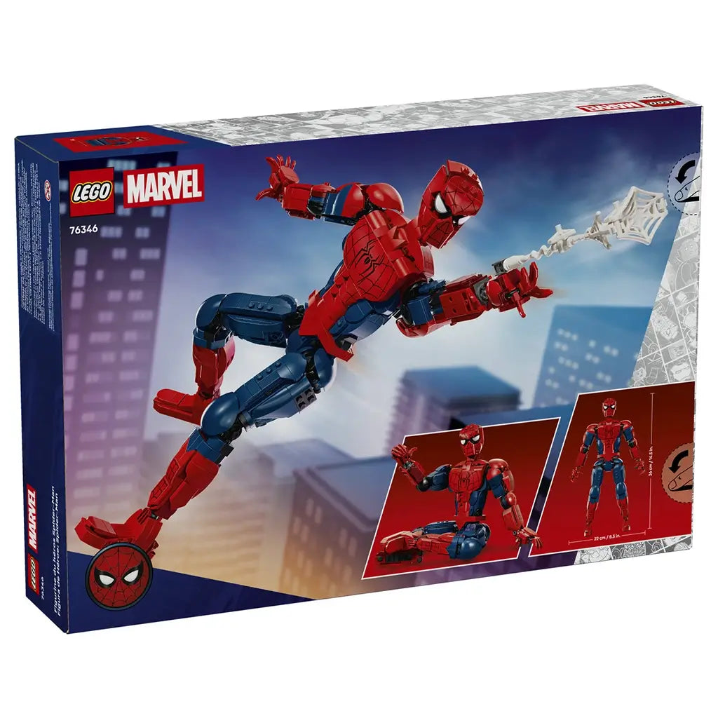 LEGO Marvel Spider-Man hero figure set, red and blue plastic articulated character with poseable limbs, web-launching action feature and cityscape graphics on rear packaging.