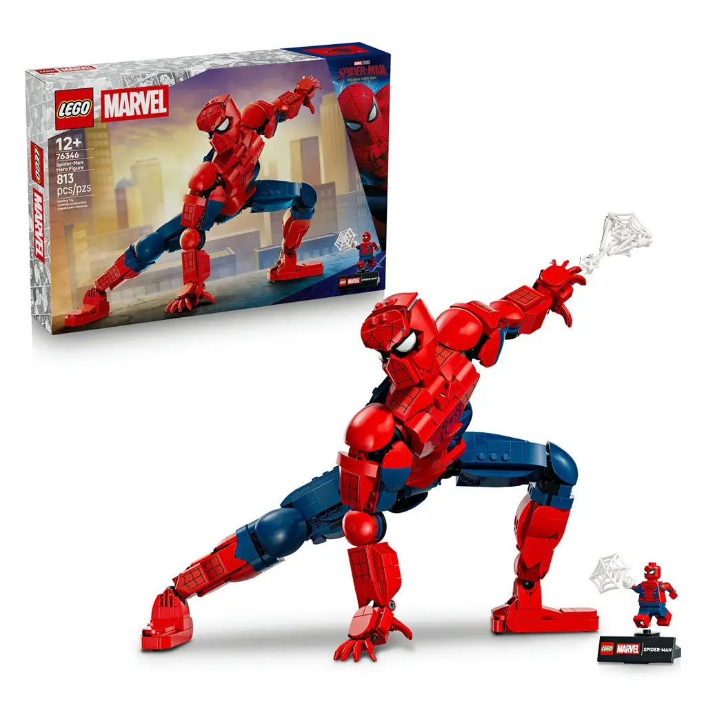 LEGO Marvel Spider-Man hero figure collectible, red and blue glossy plastic superhero model with articulated body, web accessory, display stand and retail box on a light background.