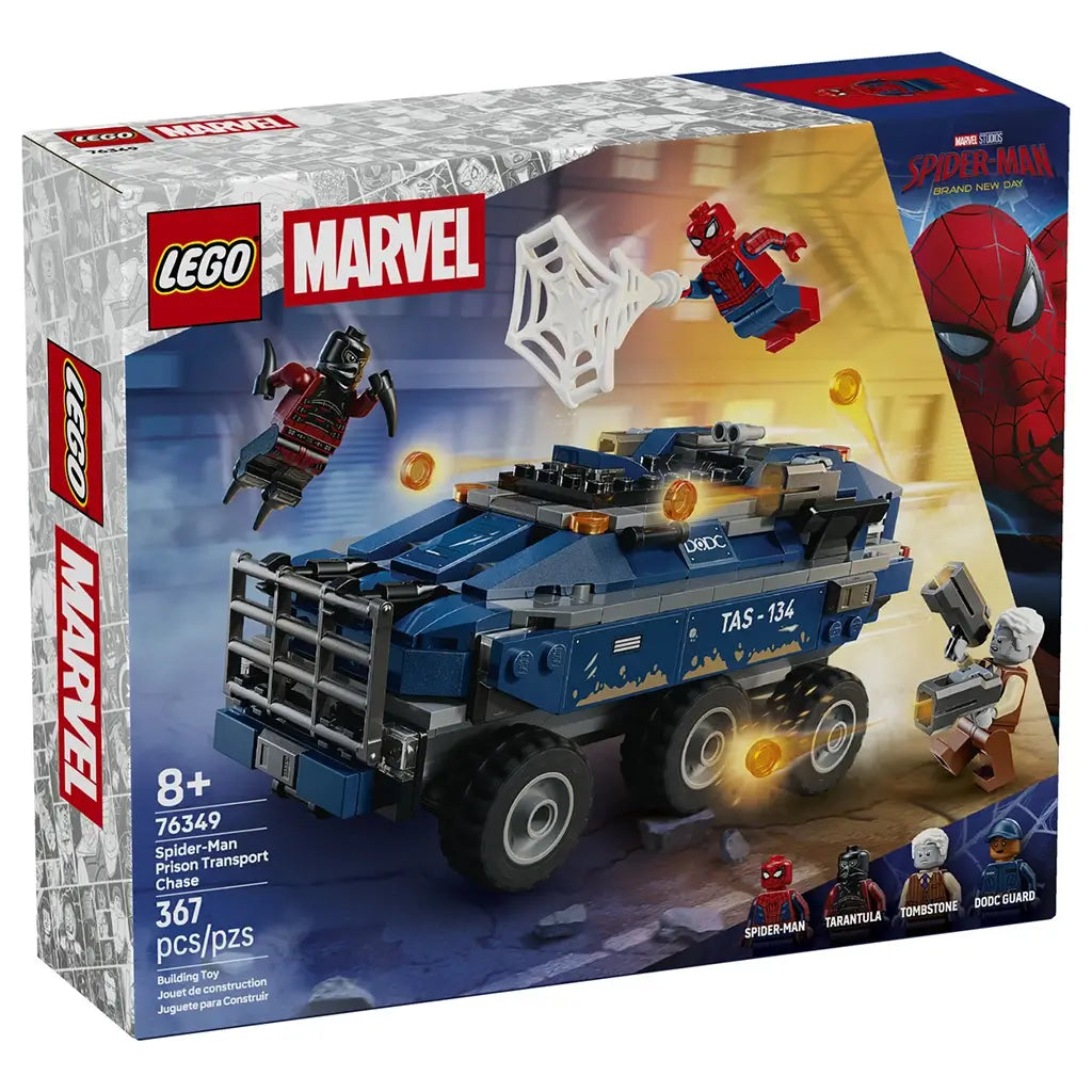 LEGO Marvel Spider-Man Prison Transport Chase set, blue plastic armored prison truck with rugged six-wheel design, superhero action theme and character artwork featured on branded retail packaging.