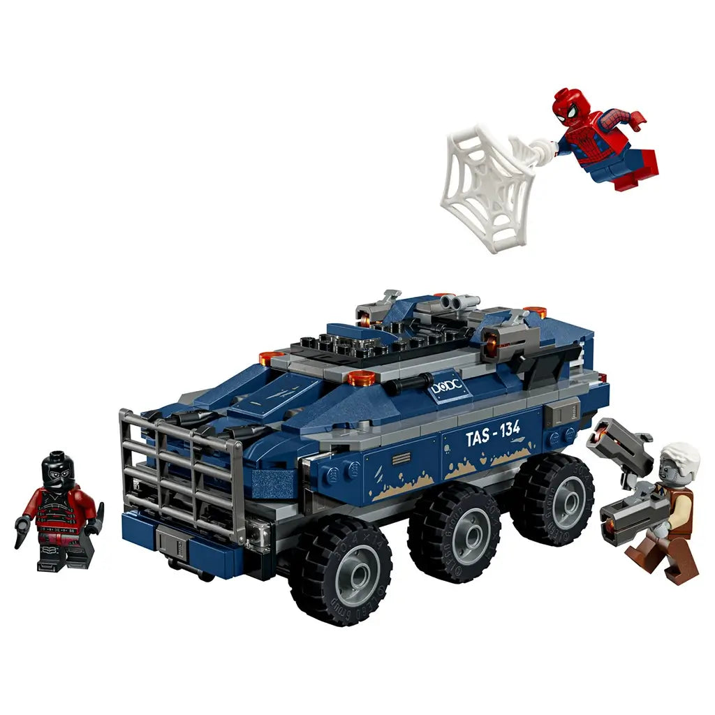 LEGO Marvel Spider-Man Prison Transport Chase, blue plastic armored transport vehicle with six large wheels, web accessory, villain figures and superhero minifigures on a light gray background.