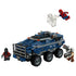 LEGO Marvel Spider-Man Prison Transport Chase, blue plastic armored transport vehicle with six large wheels, web accessory, villain figures and superhero minifigures on a light gray background.