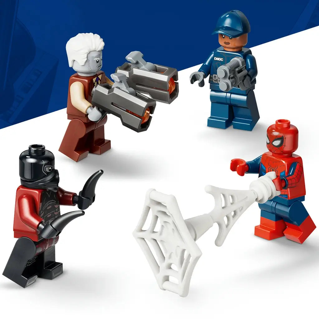 LEGO Marvel Spider-Man minifigures, colorful plastic character figures including Spider-Man, villains and guard, posed with web accessory and blaster elements on a clean display background.