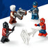 LEGO Marvel Spider-Man minifigures, colorful plastic character figures including Spider-Man, villains and guard, posed with web accessory and blaster elements on a clean display background.