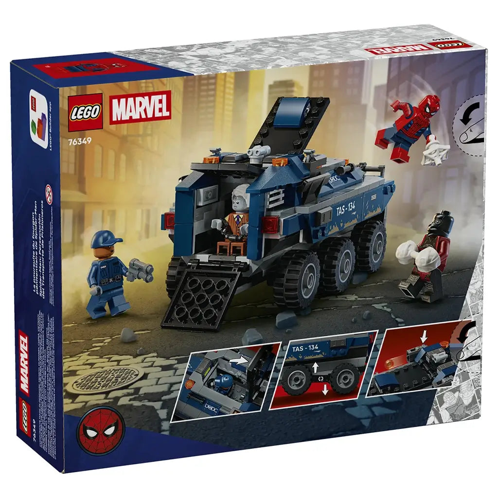 LEGO Marvel Spider-Man Prison Transport Chase box, blue and gray printed cardboard packaging showing armored vehicle action, character features and play functions presented from the back view.