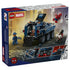 LEGO Marvel Spider-Man Prison Transport Chase box, blue and gray printed cardboard packaging showing armored vehicle action, character features and play functions presented from the back view.