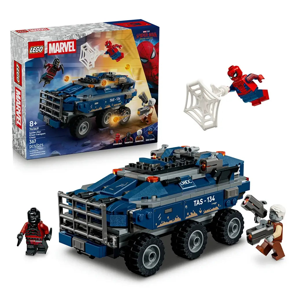 LEGO Marvel Spider-Man Prison Transport Chase set, blue plastic armored truck with rugged six-wheel form, superhero minifigures, web launcher accessory and retail packaging on a light background.