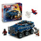 LEGO Marvel Spider-Man Prison Transport Chase set, blue plastic armored truck with rugged six-wheel form, superhero minifigures, web launcher accessory and retail packaging on a light background.