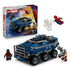 LEGO Marvel Spider-Man Prison Transport Chase set, blue plastic armored truck with rugged six-wheel form, superhero minifigures, web launcher accessory and retail packaging on a light background.