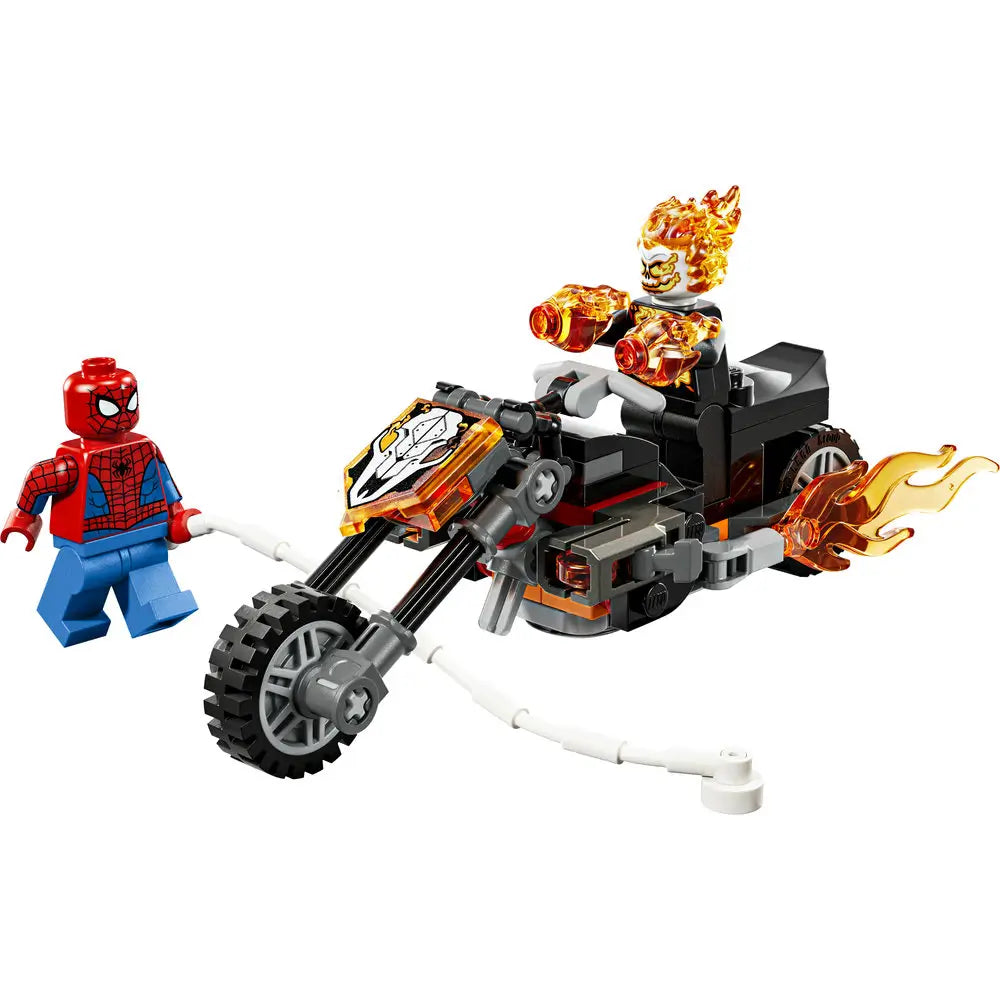 LEGO Marvel Spider-Man vs Ghost Rider motorcycle toy in black and dark gray plastic with translucent orange flame elements, chunky treaded wheels, low chopper-style frame, and web accessory, shown on a white background.